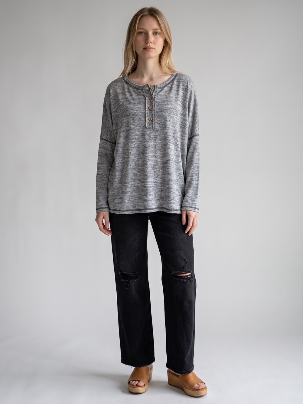 She + Sky Heather Gray Henley Sweatshirt